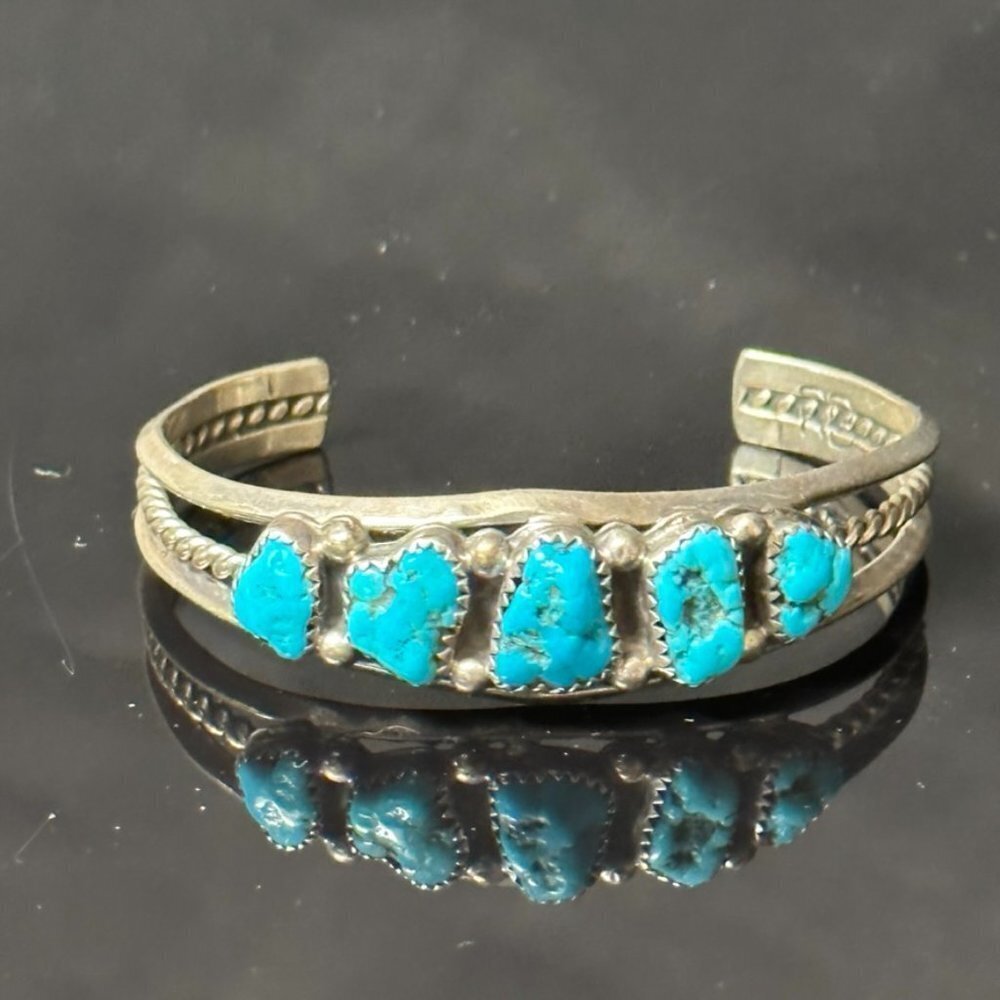 Native American Indian Sterling Silver Genuine Sleeping Beauty Turquoise Cuff - Picture 3 of 9